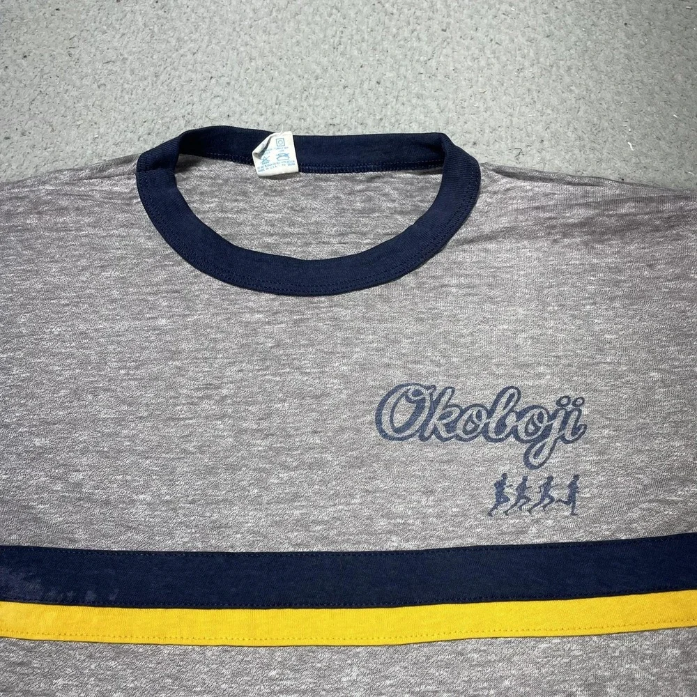 Vintage Champion Okoboji Shirt Mens Large Gray Ringer Running Track Tee 50/50 70 - Picture 2 of 9